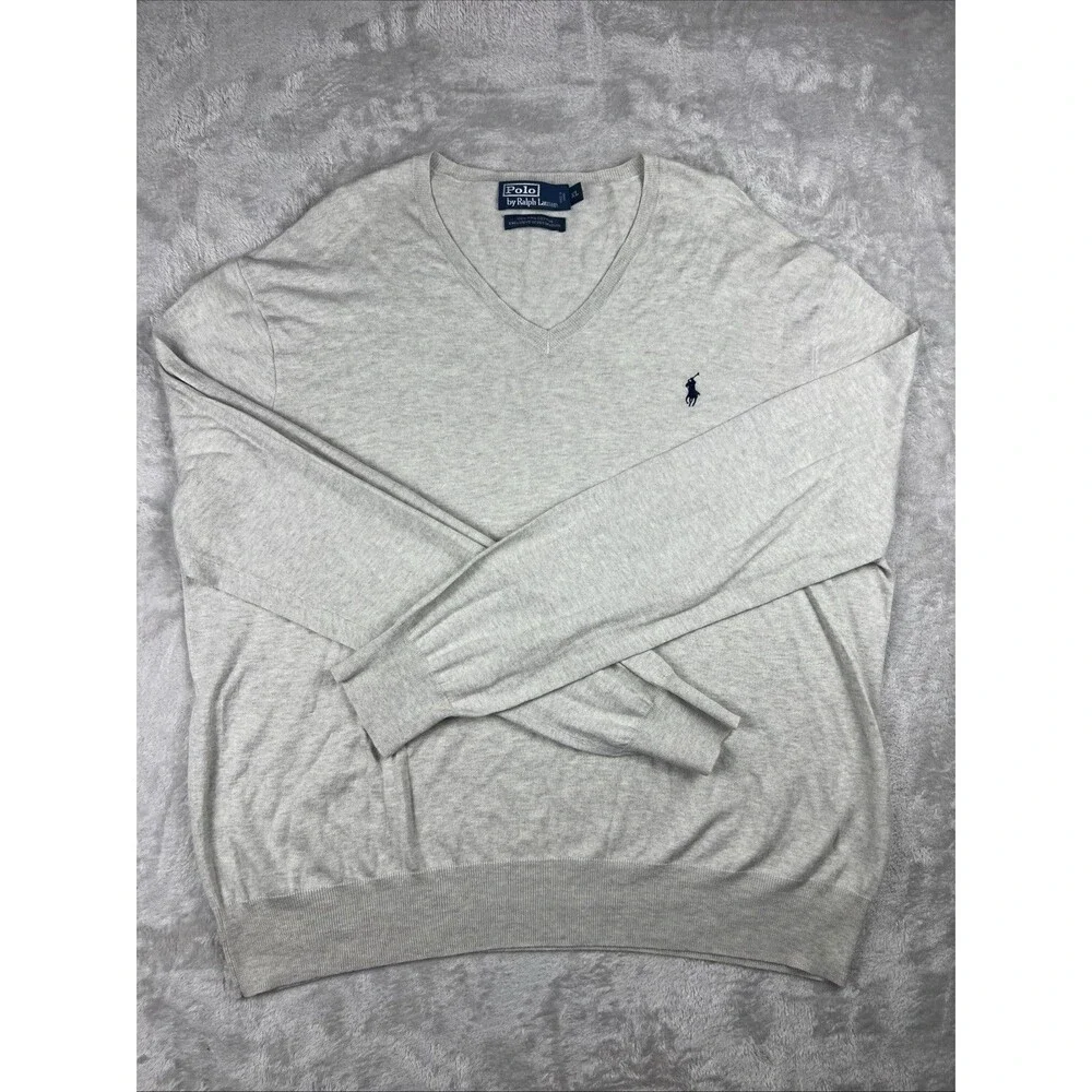 Polo Ralph Lauren Mens XXL Heather Gray 100% Pima Cotton V-Neck Sweater Pony